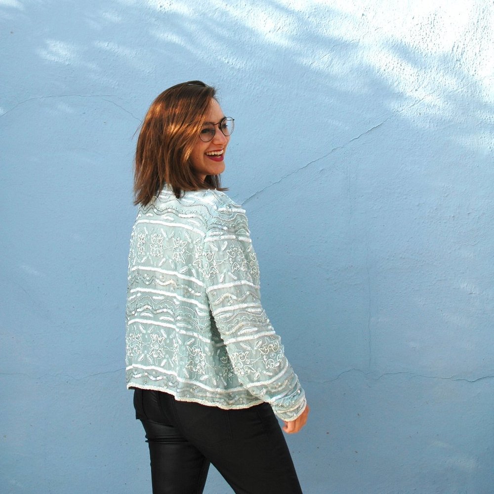 Maximalist Vintage Beaded Jacket. Sky Blue, Medium.
